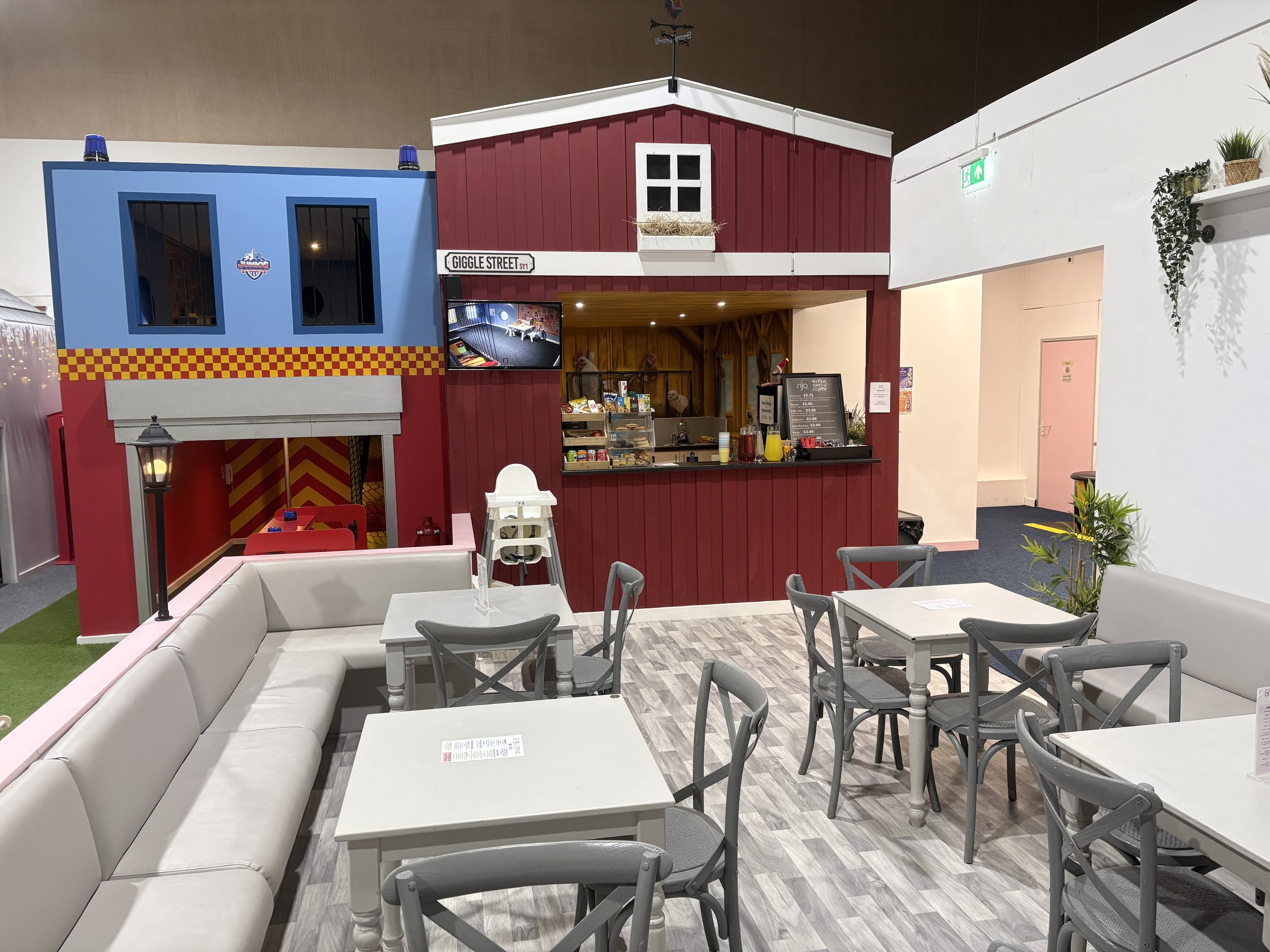 Giggle Street family café with barn-style counter serving coffee and snacks in Shrewsbury